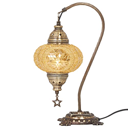 Demmex (33 Colors) Turkish Moroccan Mosaic Table Lamp, Swan Neck Handmade Desk Bedside Table Night Lamp Decorative Tiffany Lamp Light, Antique Brass Body (Gold) #TOP3