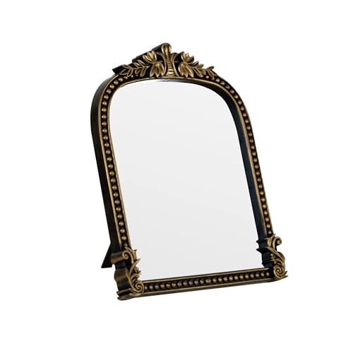 LuHeToz Vintage Gold Plastic Arched Makeup Mirror Standing Hanging or Wall Mount Bathroom Living Room Bedroom Decorative Mirror (Bronze-10.6x8.6 inch)