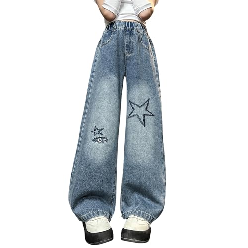 Girls Baggy Jeans, Stretchy Waist Wide Leg Jeans with Star Embroidery - Soft Loose Fit Pants with Pockets for Kids2