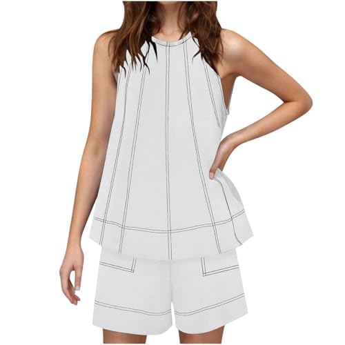 NSICBMNO White Co Ord Sets For Women Summer 2 Piece Outfits Cotton Linen Shorts Oversized Vest Tops Sleeveless Tunics Striped Lounge Set With Pockets Casual Tracksuits Travel Outfits Y2K Streetwear - Image 7