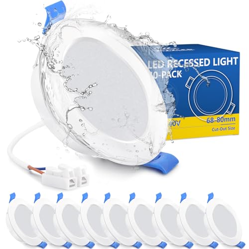 ZIZZLER Spots LED Encastrable Salle de Bain Plafond, Lot de 10, Extra Plat, Trou 68mm, Blanc Chaud 3000K, Etanche IP44, 5W, 220V, Diametre 90mm, Interieur Cuisine...