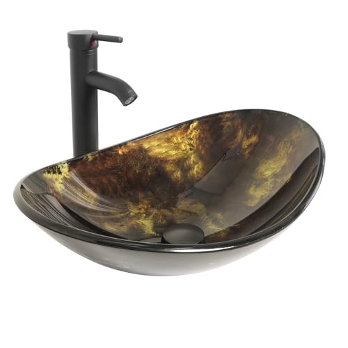 YU YUSING Ensemble Complet- Lavabo Vasque à Poser Ovale en Verre avec Ensemble de Robinets, Lave-Mains, pour Salle de Bain, Cuisine, WC d'invités, Doré Moderne, 53.3 x 35 x 16 cm