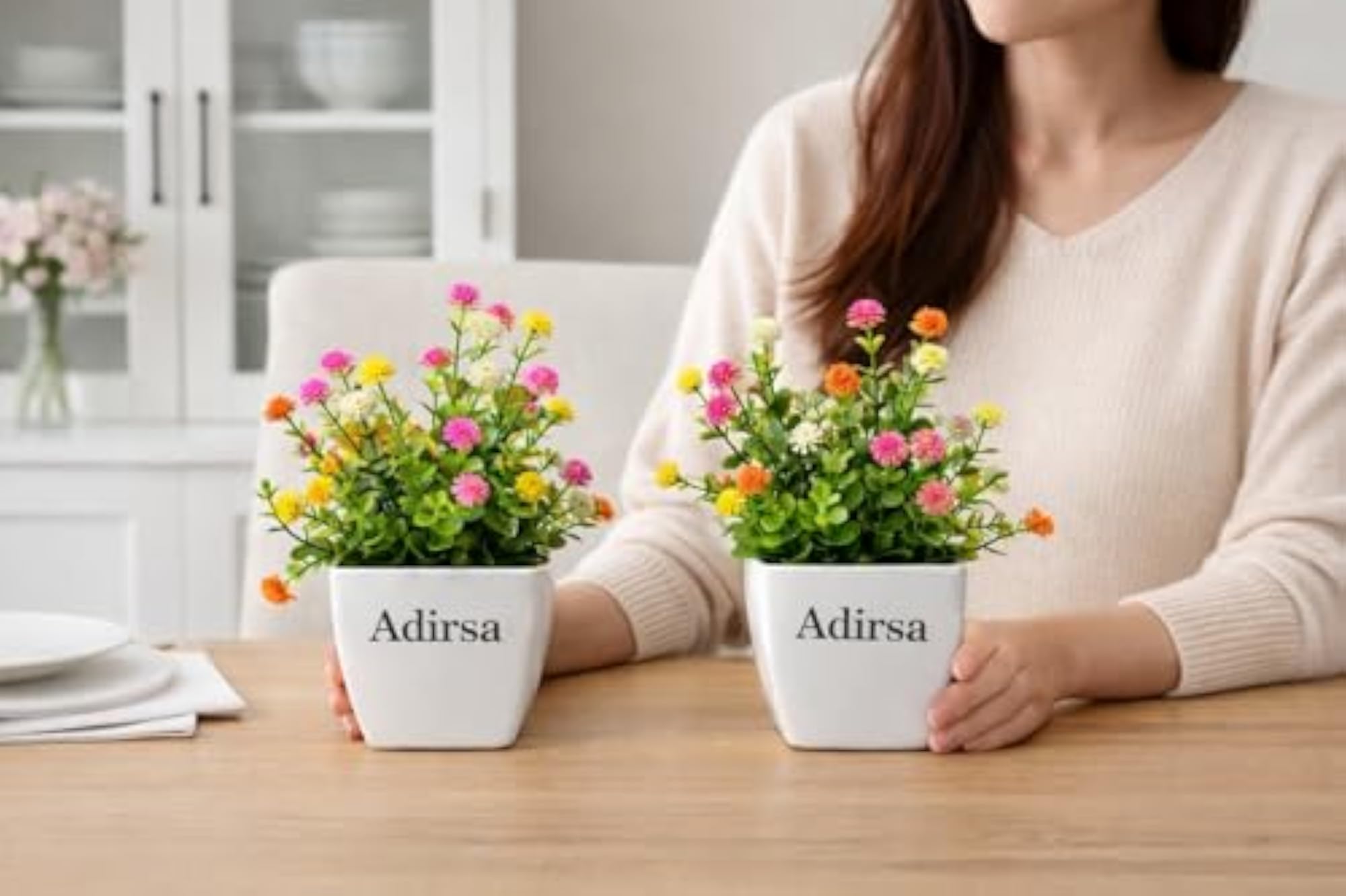 Artificial Flower Pot Set of 2, Decorative Plastic Plants