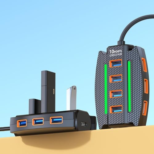 Image of 10 Port USB 2.0 Hub Splitter with Power /Data Port, 5gbps Hi-Speed Data Transfer, Plug and Play, USB Charging Docking Station Gaming Hub for Laptop, Computer (Black-Round) (10 Port (Flat))