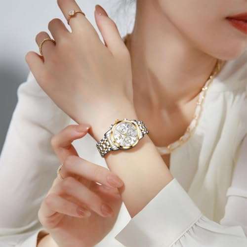 Image of OLEVS Women Watch Multifunctional Two Tone Watch Fashion Business Analog Quartz Ladies Watch Stainless Steel Waterproof Diamond Watch for Women