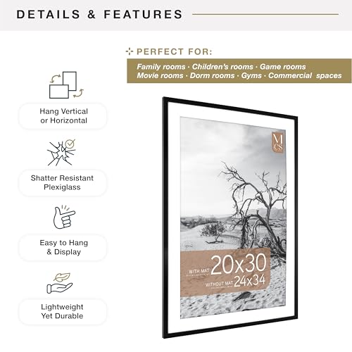 Image of MCS Everline Collection 24x34 Matted Poster Frame with 20x30 Picture Display, Black Vertical & Horizontal Wall Hanging Large Frame for Photos, Posters & Art Prints (1-Pack)