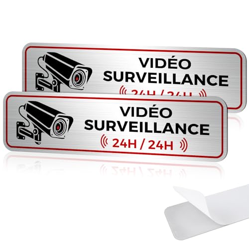 2 Panneaux Caméra de Surveillance, 19×5 cm Alarme Video Surveillance en Aluminium, Propriété Privée Adhesif, Plaque 24H Extérieure Résistant aux UV
