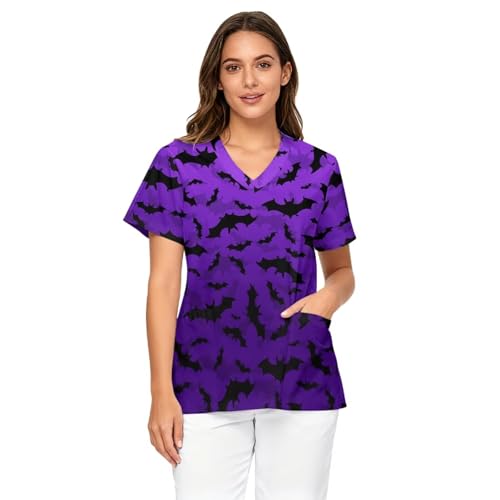 Purple Black Halloween Bats Print Unique Graphic Scrub Tops Womens V-Neck Short Sleeve Workwear for Nursing and Clinical Tasks