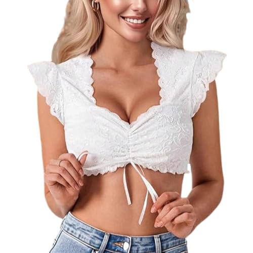 ZYKEJJDDAK Auténtica blusa de tirolesa alemana, blusa de jardín de cerveza, con volantes, manga corta, tops tradicionales bávaros, blusas de Oktoberfest, blusa de jardín de cerveza, ombliguera, blanco