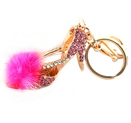 Feather High Heels Shoes Korean Bow Heels Keychain Keyring with cute fur ball For Car Key Purse Bag (Rose)
