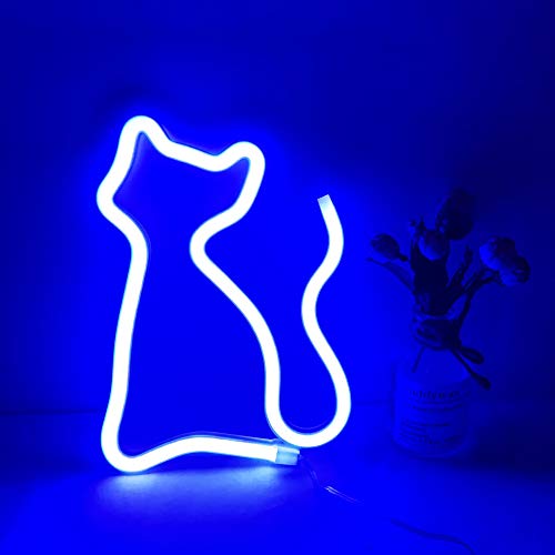 Lámpara de neón con forma de gato, luz de noche azul