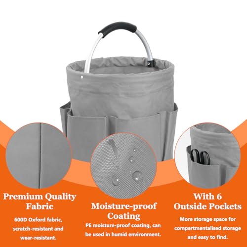 IHOMAGIC 2Pcs 17L Putzmittel Organizer mit 6 Taschen, Faltbarer Einkaufskorb aus 600D Oxford-Gewebe, Tragbarer Gartentasche mit Griff, Robuster Aufbewahrungskorb für Reisen, Duschen, Dunkelgrau