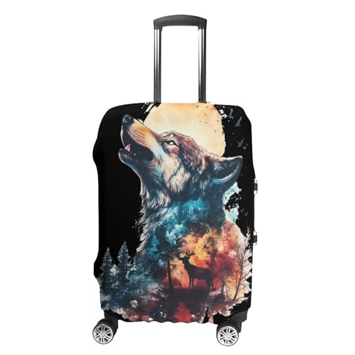 Watercolor Wolf Howling Sunset Forests Deers Luggage Covers Washable Travel Suitcase Cover Elastic Baggage Protector