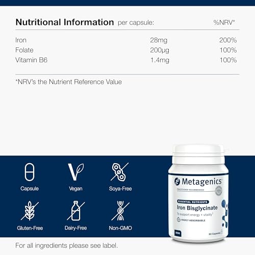Metagenics Iron Bisglycinate Supplement - with Folate & Vitamin B6 - Supports The Reduction of Tiredness and Fatigue - 60 Capsules