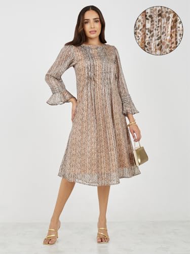 Image of Styli Women Animal Print Shift Midi Dress | Boat Neck with Flared Sleeves Dress for Women| Stylish One Piece Dress for Party, Casual & Evening Outfits