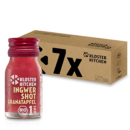 Kloster Kitchen Bio Ginger Shot Granada 1SHOT 7 x 30 ml con trozos reales de jengibre | Jengibre shot vegano en botella de vidrio para llevar | dulce-picante sin aditivos