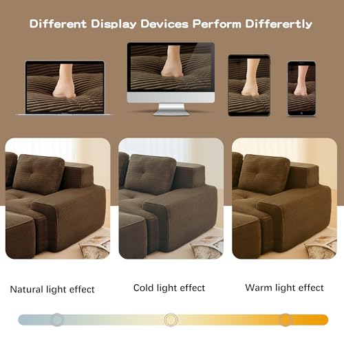 Image of 117 inch L-Shaped 3-Seater Modular Boneless Couch with Ottoman, Soft Corduroy Cloud sectional Sofa, Deep Seat Ergonomic Design, No Assembly Anti-Slip Sofa for Living Room, Brown