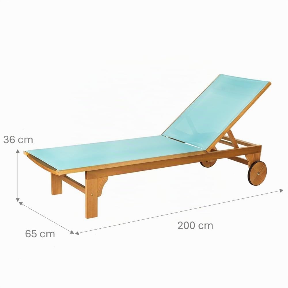 LOLAhome Tumbona Exterior Nina de Madera de Acacia, Turquesa | Reclinable con Ruedas, de 200x65 cm. Diseño y calidad.