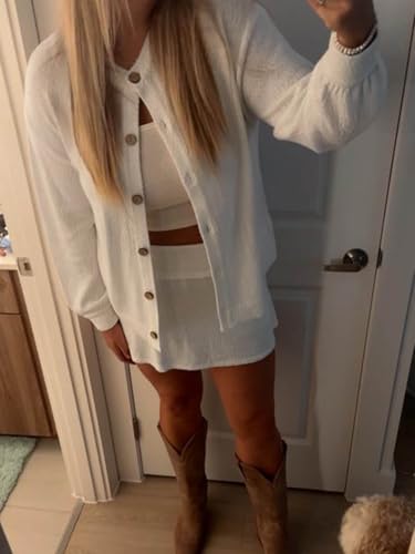 Image of Tankaneo 2 Piece Sweater Sets for Women Long Sleeve Cardigan Outfits Mini Skirts Knit Matching Lounge Set