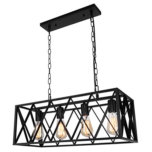 4-Lights Farmhouse Chandelier Rustic Kitchen Island Light Black Pendant Lighting Fixtures for Dining Room Kitchen Living Room (Rectangle - 4 Light)