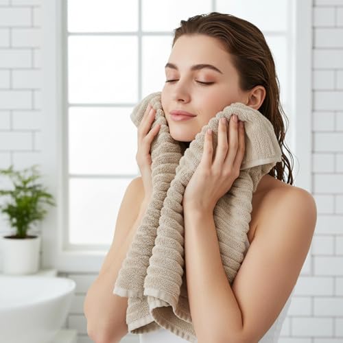 Image of 6 Pack Hand Towels, 16 inchx28 inch Microfiber Towels, Beige | Soft touch feel, quick dry, Highly Absorbent, hanging loop, lint free, durable for daily bathroom, gym, spa, kitchen use