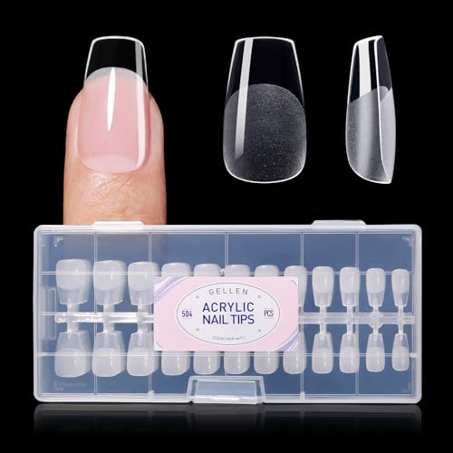 Gellen Short Coffin Nail Tips, 504PCS Clear Full Cover Soft Gel, 12 Sizes