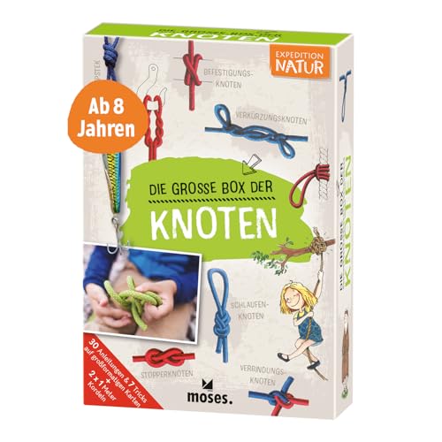 moses. Expedition Natur: Die Große Box der Knoten, Knoten lernen für Kinder, 30 Knotenübungen für kleine Pfadfinder ab 6 Jahren, 2 x 1 Meter Kordeln inklusive