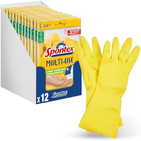 Spontex Multi Use, 12 Paar Haushaltshandschuhe mit Frischeschutz und FSC-Naturlatex, innen mit Baumwollbeflockung, Größe L (12 x 1 Paar)