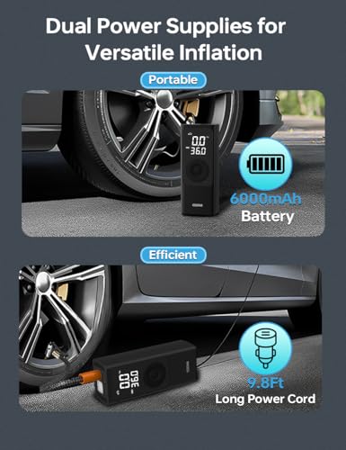 Image of COSTAR Dual Mode (6000 mAh Battery & 12V DC Cord) Air Pump for Car Tyre, Digital Tyre Inflator for Car and Bike with 150 PSI, Cordless Car Air Pump, Auto Cut-Off, Multiple Nozzles