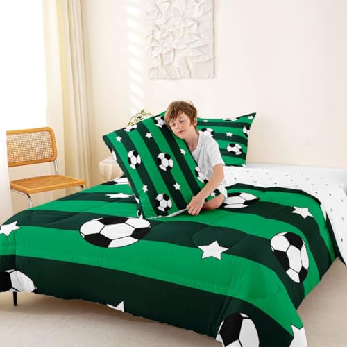 Image of Feelyou Soccer Comforter Set Full Size Kids Football Pattern Games Bedding Set for Boys Girls Teens Sports Theme Green Geometric Stripes Duvet Quilt Room Decor