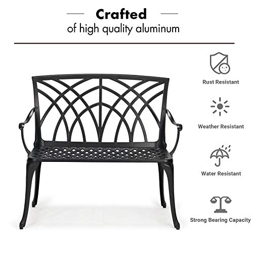 Laurel Canyon 38" Garden Bench, Cast Aluminum Outdoor Patio Bench Loveseats Park Yard Furniture, 2-Person Patio Metal Bench Park Bench, Black #TOP2