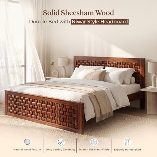 Image of WOODLAB Furniture Sheesham Wood King Size Bed Without Storage and with Niwar Style Headboard | Wooden Double Size Cot Palang for Bedroom Living Room Hotel and Home (Honey Finish)