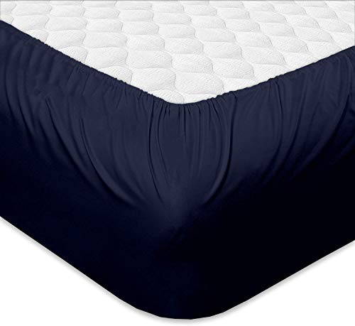 4 Piece Attached Fitted Sheet 100% Cotton Waterbed Sheets (15 Inch Deep) Breathable 500-Thread-Count Ultra Soft Rich Egyptian Cotton (King Waterbed: 72" x 84", Navy Blue Solid) - Thumbnail 7