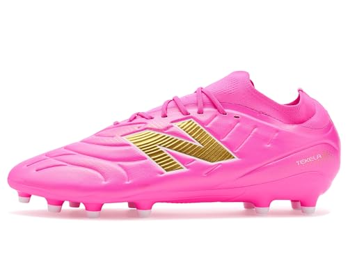 New Balance Unisex-Adult Tekela Women's Team Low MG V5 Soccer Shoe, Pink Heat/Metallic Gold, Men 6.5 / Women 8