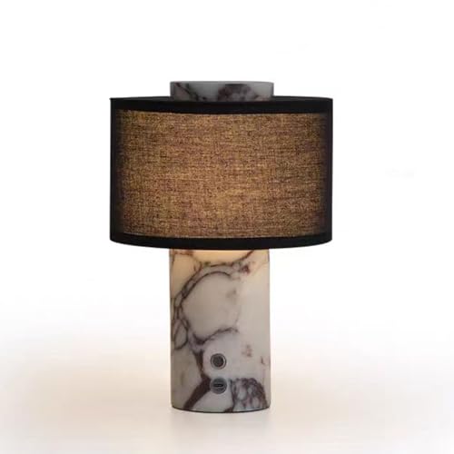 Ytyhmz Marble Luxury Stone Rechargeable Touch Table Lamp, Cylindrical Shape, Linen Cloth Fiber Lampshade, High-End and Light Luxury, Bedroom Bedside Table Night Light(Black, White)