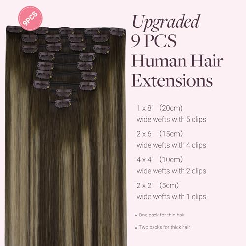 GOO GOO Clip in Hair Extensions Real Human Hair, Remy Human Hair Extensions Clip ins for Women, Natural Human Hair, 18inch 150g 9Pcs, 4/26/4 Balayage Chocolate Brown to Honey Blonde