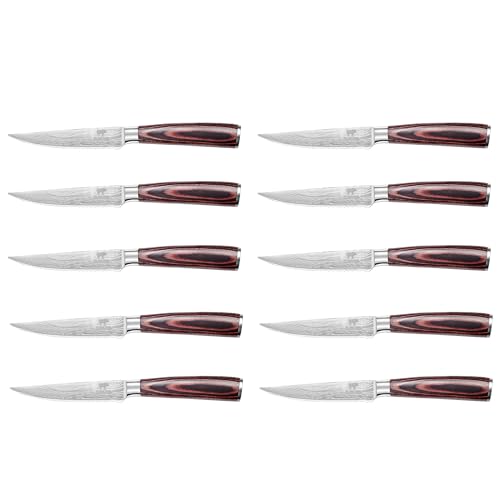 BEEFSTONE Juego de 10 cuchillos para bistec, cuchillos de chef profesionales, mango ergonómico de madera, hoja dentada, juego de cuchillos de cocina para carne