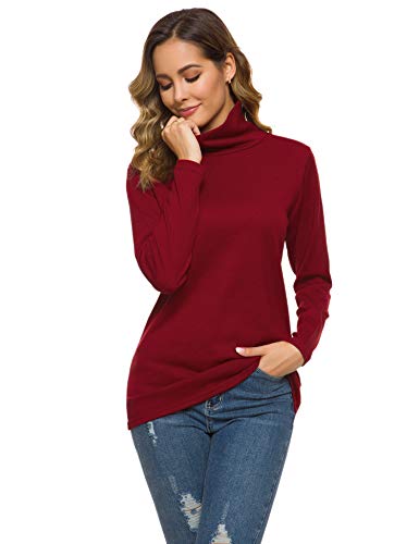 LOMON Women's Long Sleeve Slim Fit Mock Turtleneck Basic Stretchy Lightweight Layer Tops Wine Red