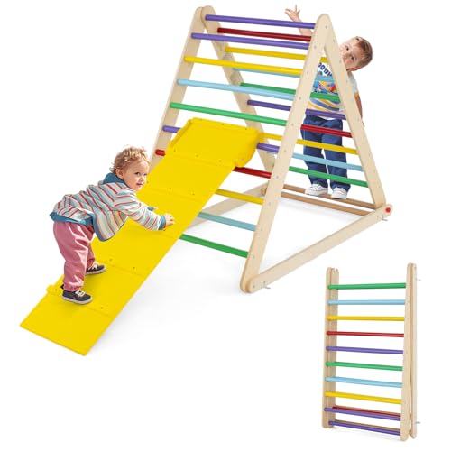 DREAMADE Echelle d’Escalade Triangle Pliable pour Enfants 3+ Ans, Mur d'escalade Pliant en Bois pour s'entraîner à Grimper et à saisir, 122x71x110 CM (Coloré)