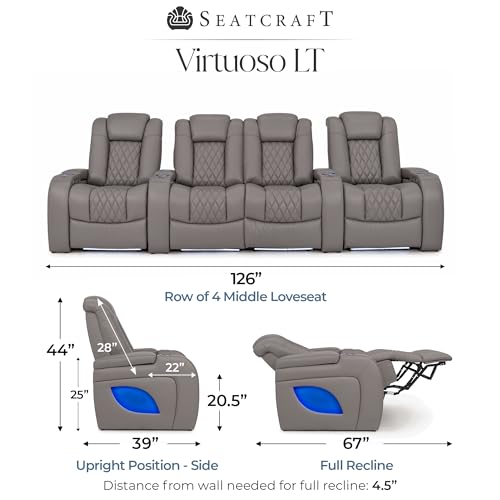 Image of Seatcraft Virtuoso LT Gray Italian Leather Home Theater Seating, Zero Gravity Power Recliner, Heat and Massage, Powered Headrest and Lumbar Gaming and Home Office Chair, Row of 4 Middle Loveseats