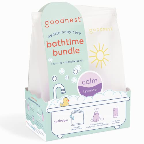 Goodnest Baby Bathtime Bundle, Soothing Lavender Baby Care Set, (1) 3-In-1 Baby Shampoo + Wash Foaming Soap Tablet, (1) 12Oz Pump Bottle & (1) Soothing Moisturizing Baby Balm W/Reuseable Wet Bag #TOP1