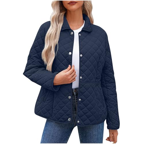 AOREUGL Womens Oversized Puffer Jacket Lightweight Button Down Quilted Jackets Winter Long Sleeve Outwear Coats With Pockets Navy woman winter jacket 4X