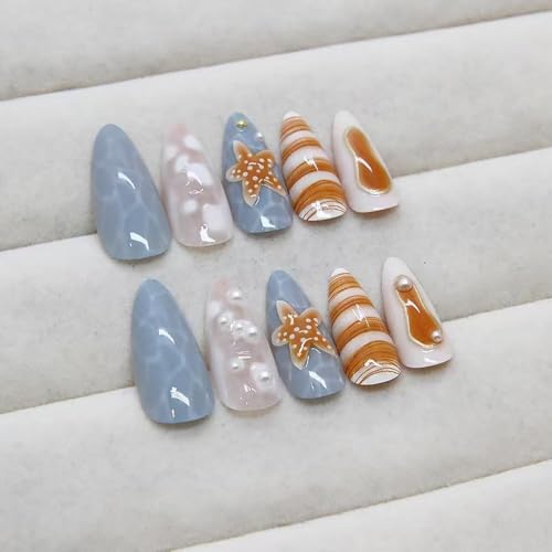 Image of Blue Ocean Press on Nails Starfish Sea Shell Fake Nails Medium Almond False Nail with Pearl Design 3D French Tip Glue on Nails Artificial Acrylic Summer Stick on Nail for Women Girls Manicure 24Pcs