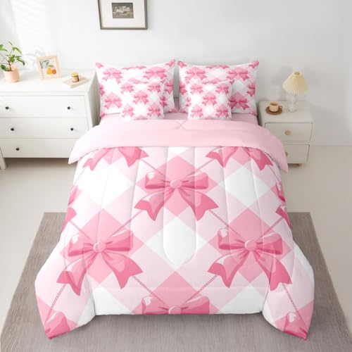 Image of Pink Bow Bed in a Bag King Size Comforter Set 7-Piece | Kawaii Ribbon Bowknot Bedding Sets Princess Bow Tie Comforter and Sheet Set, Dreamy Pink Plaid Bowknot Room Decor,Cute Room Decor Aesthetic