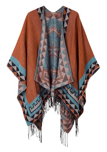 Urban CoCo Women's Printed Tassel Open front Poncho Cape Cardigan Wrap Shawl (Orange-series 5)