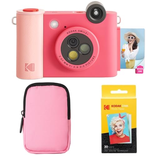 KODAK Smile+   Paquete de iniciación de cámara instantánea Digital e Impresora fotográfica 2 en 1, Funda Suave + Papel Zink, 10 MP, Lente giratoria, Fucsia