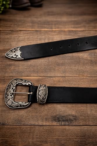 Image of Men's Genuine Leather Belt with Vintage Engraved 38mm (1.5 inch) Zinc Alloy Buckle | Premium Black /Brown Leather Belt for Jeans & Casual Wear