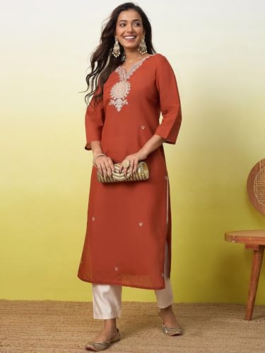 Image of Women's Embroidered Silk Straight Kurta Kurti | Below Knee Kurtas for Women Traditional Indian Wear Outfit Suitable Casual Festive Office Styling