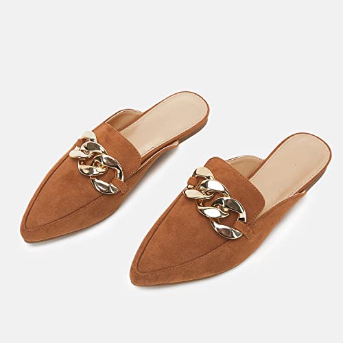 Juliet Holy Womens Mules Flats Pointed Toe Backless Loafers Slip On Metal Chain Slides Brown #TOP4