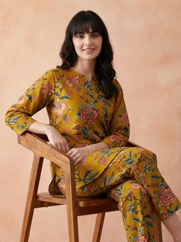Image of Bee M Pee Designer Trendy Floral Printed Cotton Kurta Coord Sets for Women | Stylish Casual Tunic Kurti Set with Pant for Woman for Office